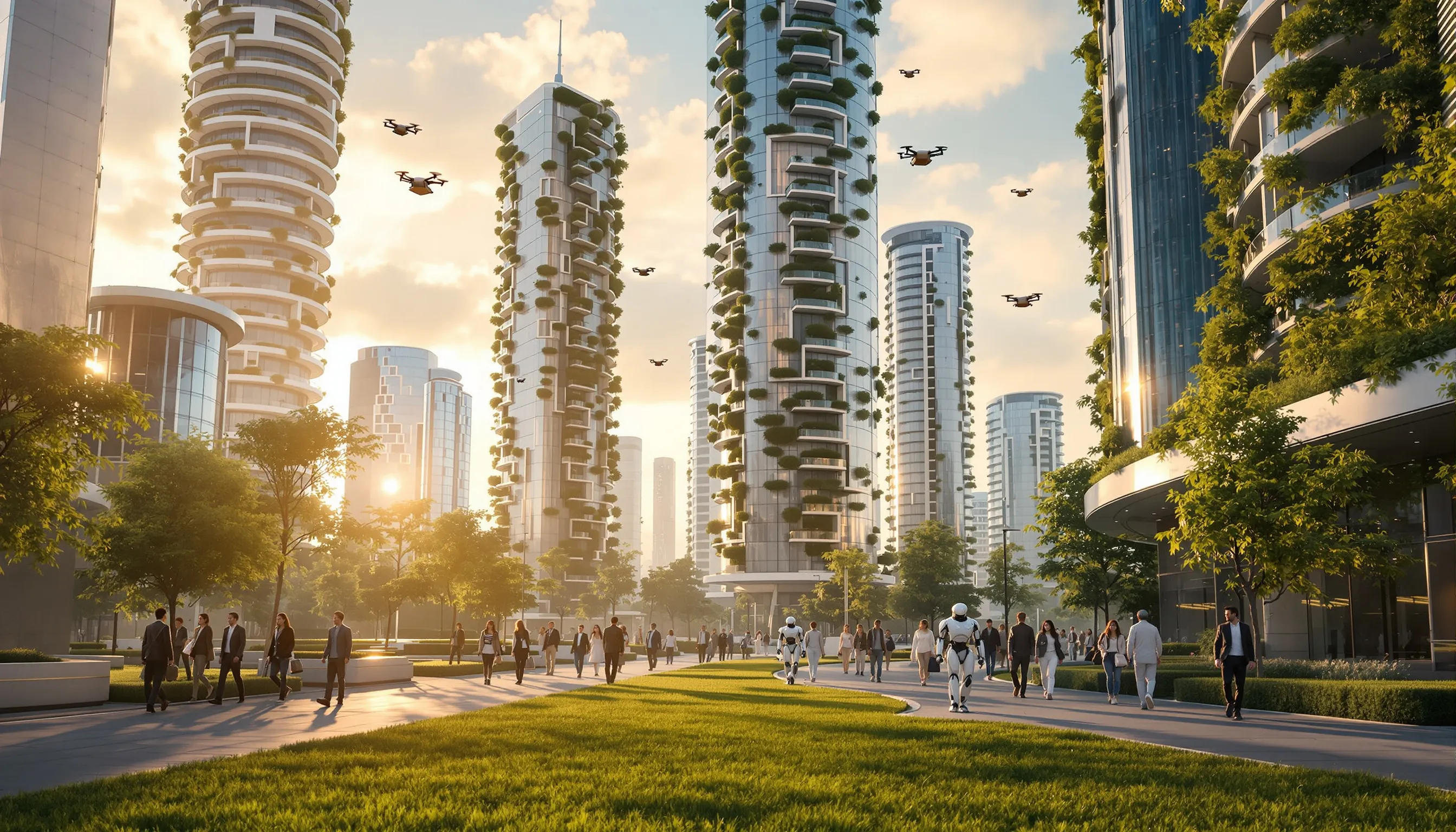 Boulevard d’une ville future où des robots humanoïdes marchent parmi les passants