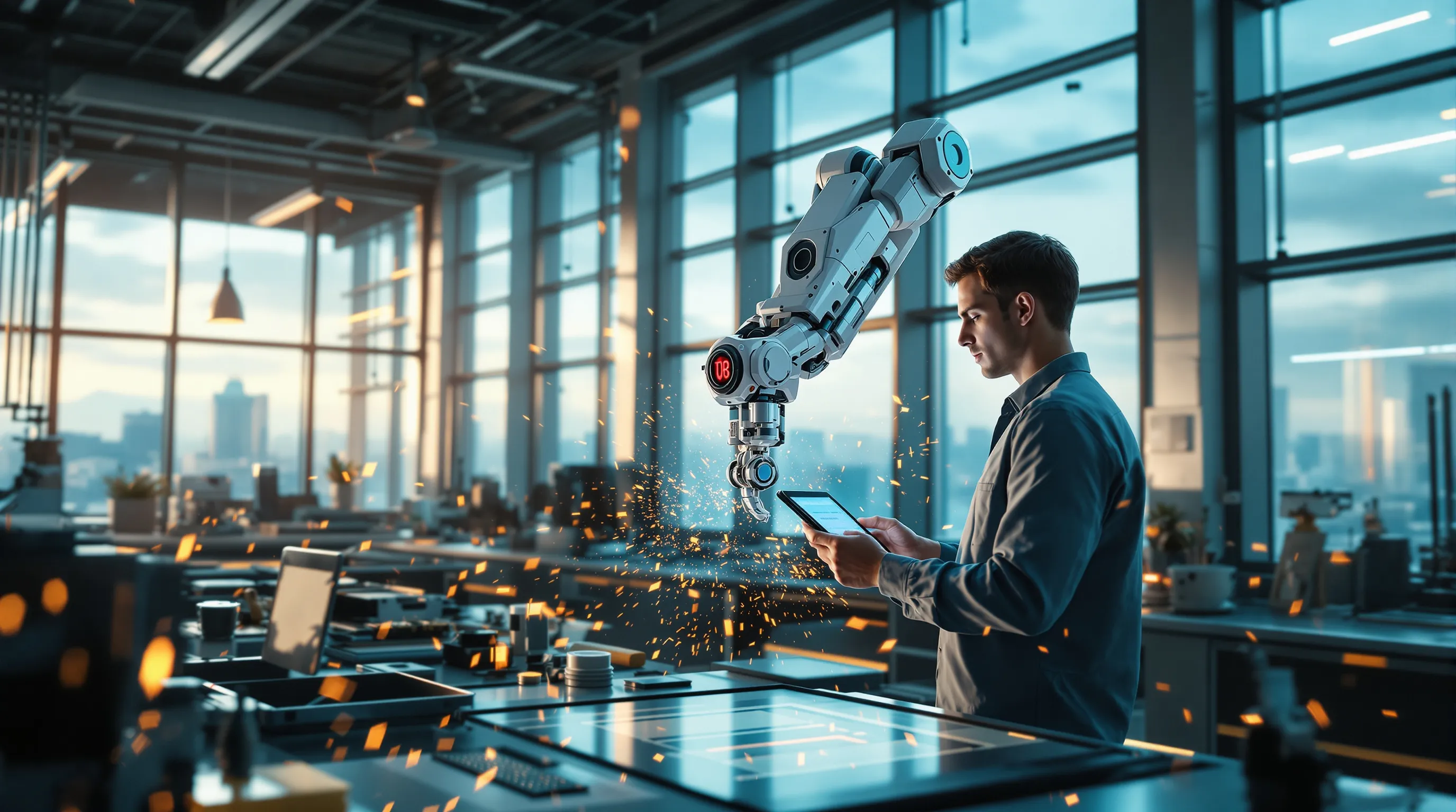 Une ingénieure programme un bras robotique depuis une tablette