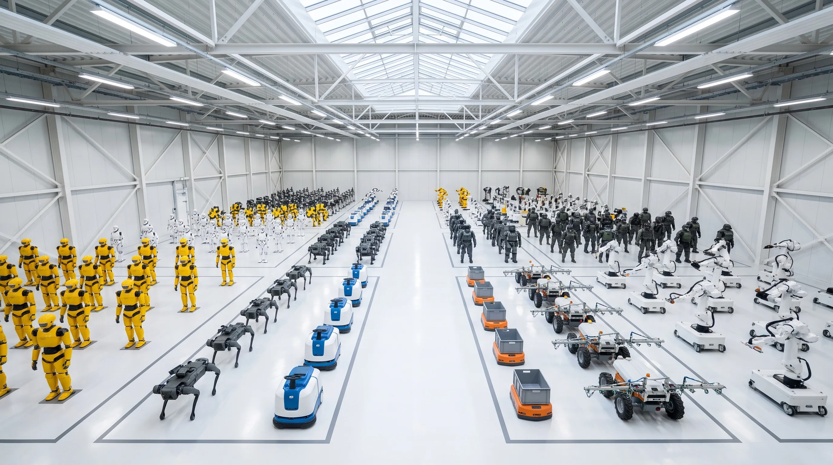Un immense hangar blanc et immaculé où des centaines de robots neufs attendent, rangés en carrés : construction, soin, défense, nettoyage, logistique, agriculture, industrie