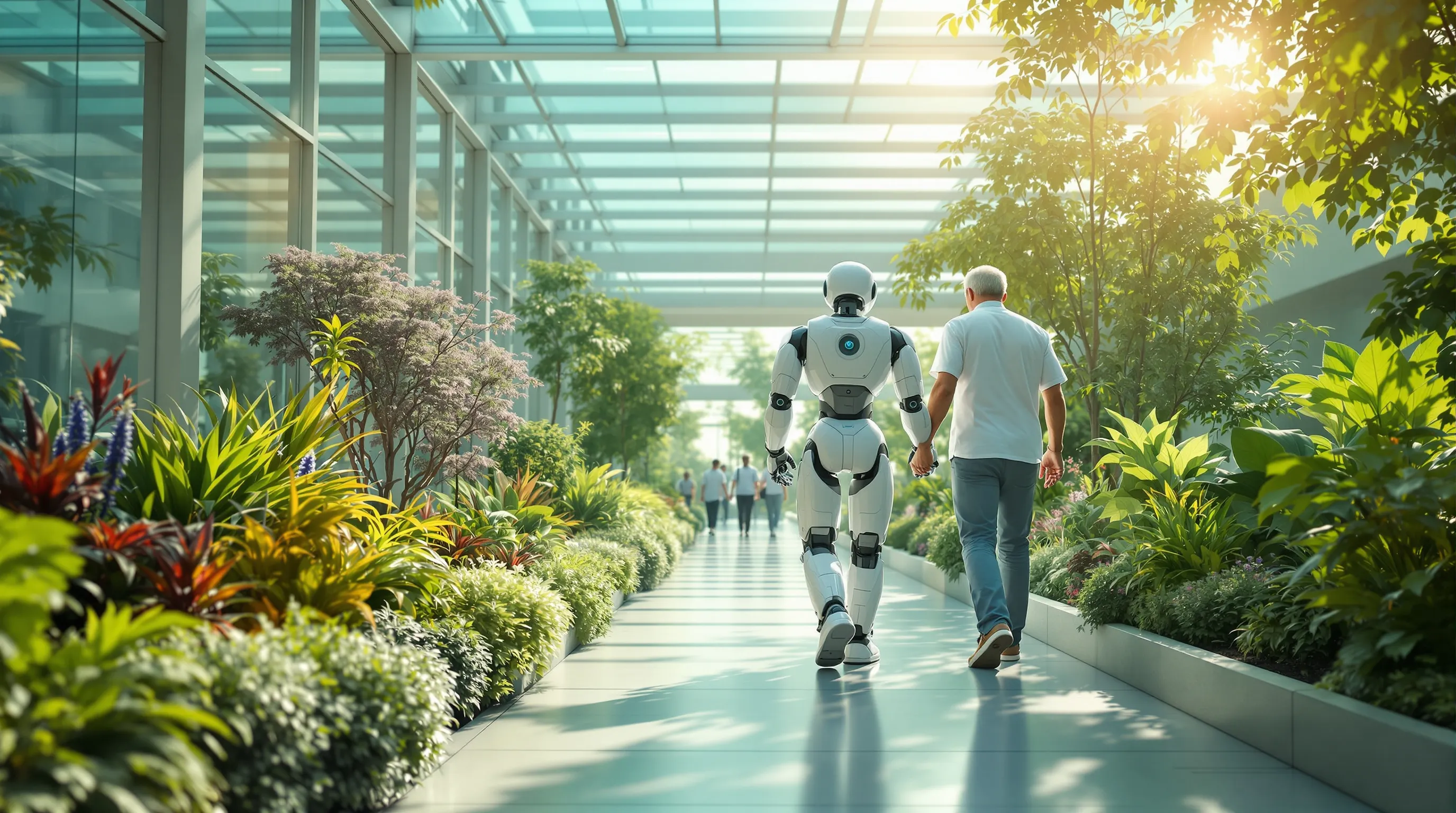 Un robot humanoïde accompagne un patient dans un jardin d’hôpital