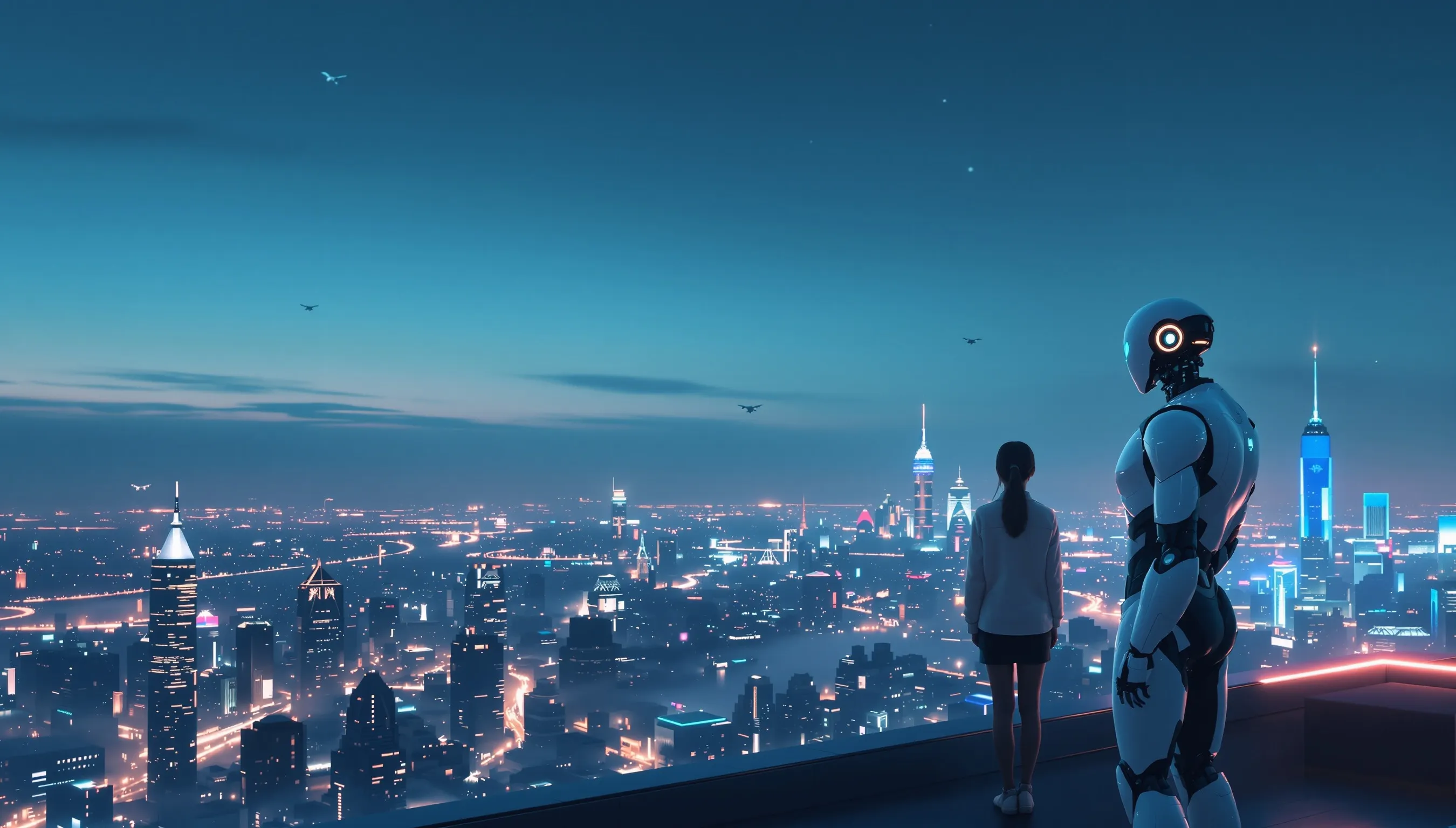 Un robot humanoïde et une jeune femme contemplent une mégapole futuriste à la nuit tombée