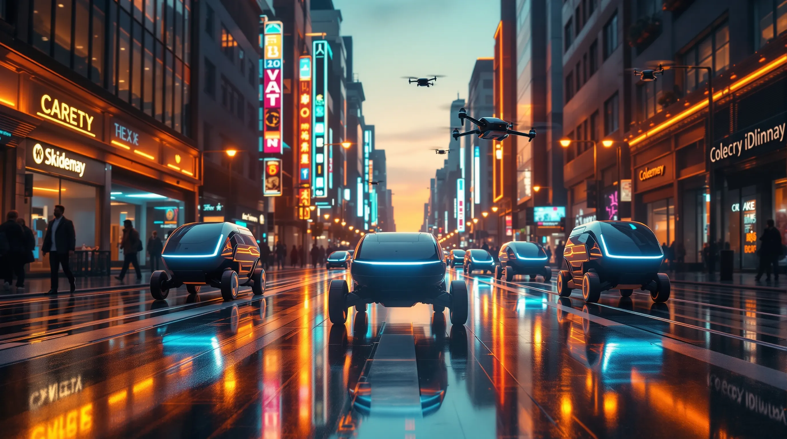 Des robots de livraison autonomes circulent dans une rue au crépuscule