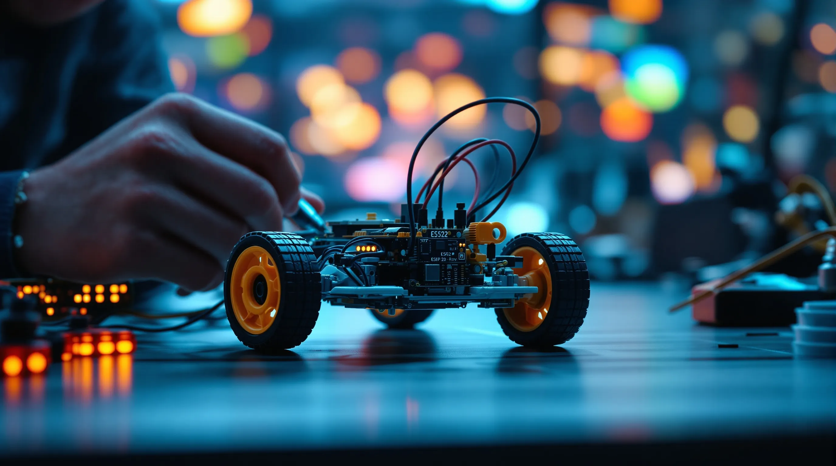 Des mains assemblent un petit robot rover sur un établi